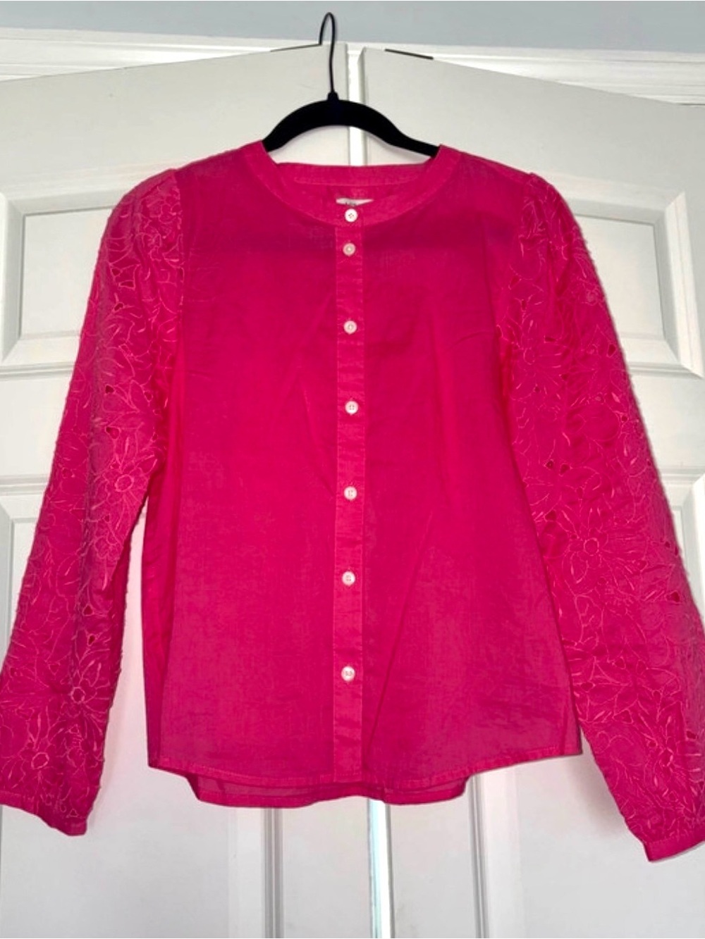 J. Crew Hot Pink Button-Front Blouse with Embroidered Sleeves